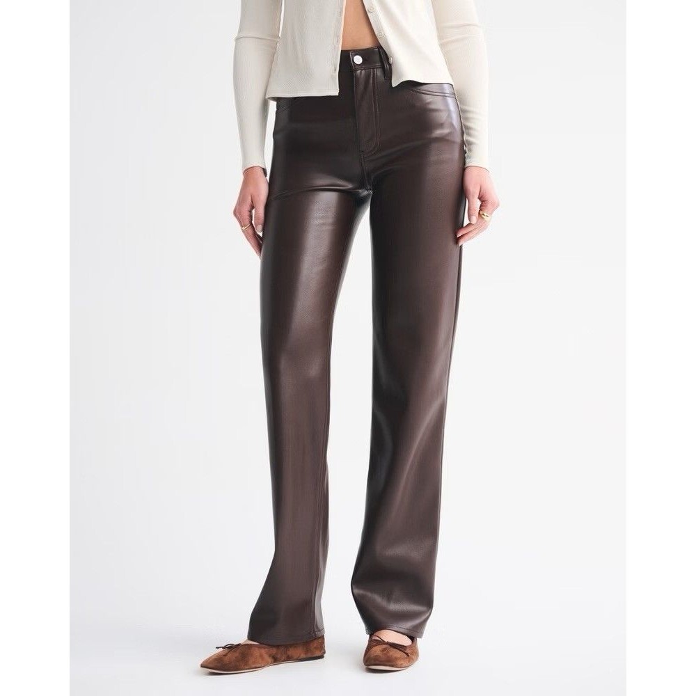 Abercrombie 90s Straight Ultra High Rise Faux Leather Pants Brown Women’s 8 XS - Picture 2 of 6